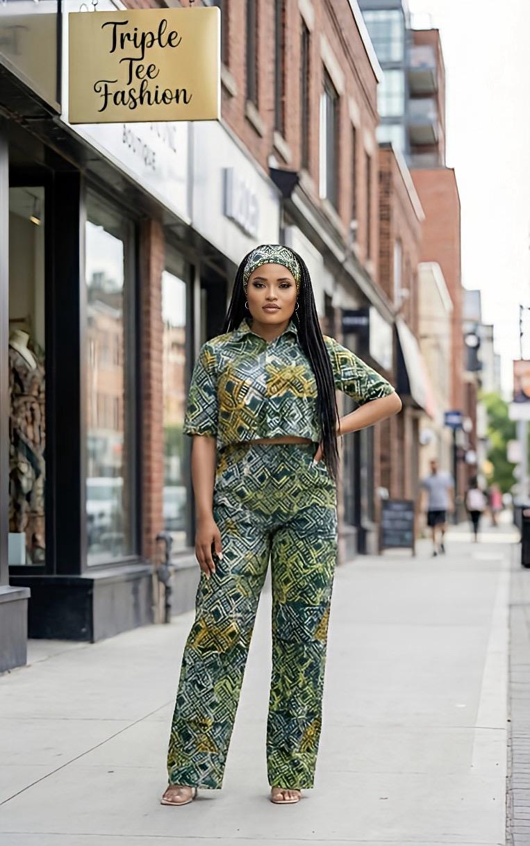 Authentic Adire 2 Piece Set with Scarf – African Adire Crepe Crop Top and Pants – African Clothing for Women – Afrocentric Outfit – Gift for