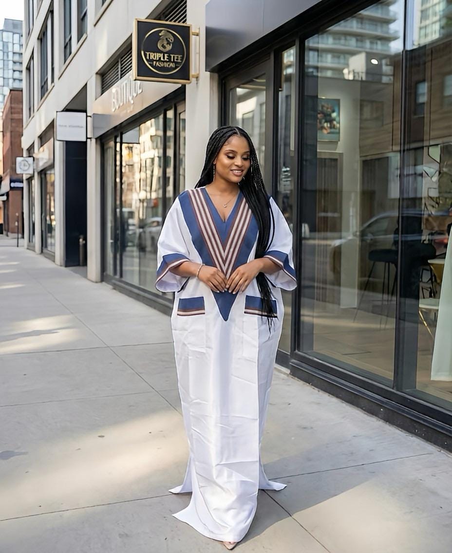 White Mikado Boubou Kaftan with Aso Oke Detail | Nigerian Party Dress
