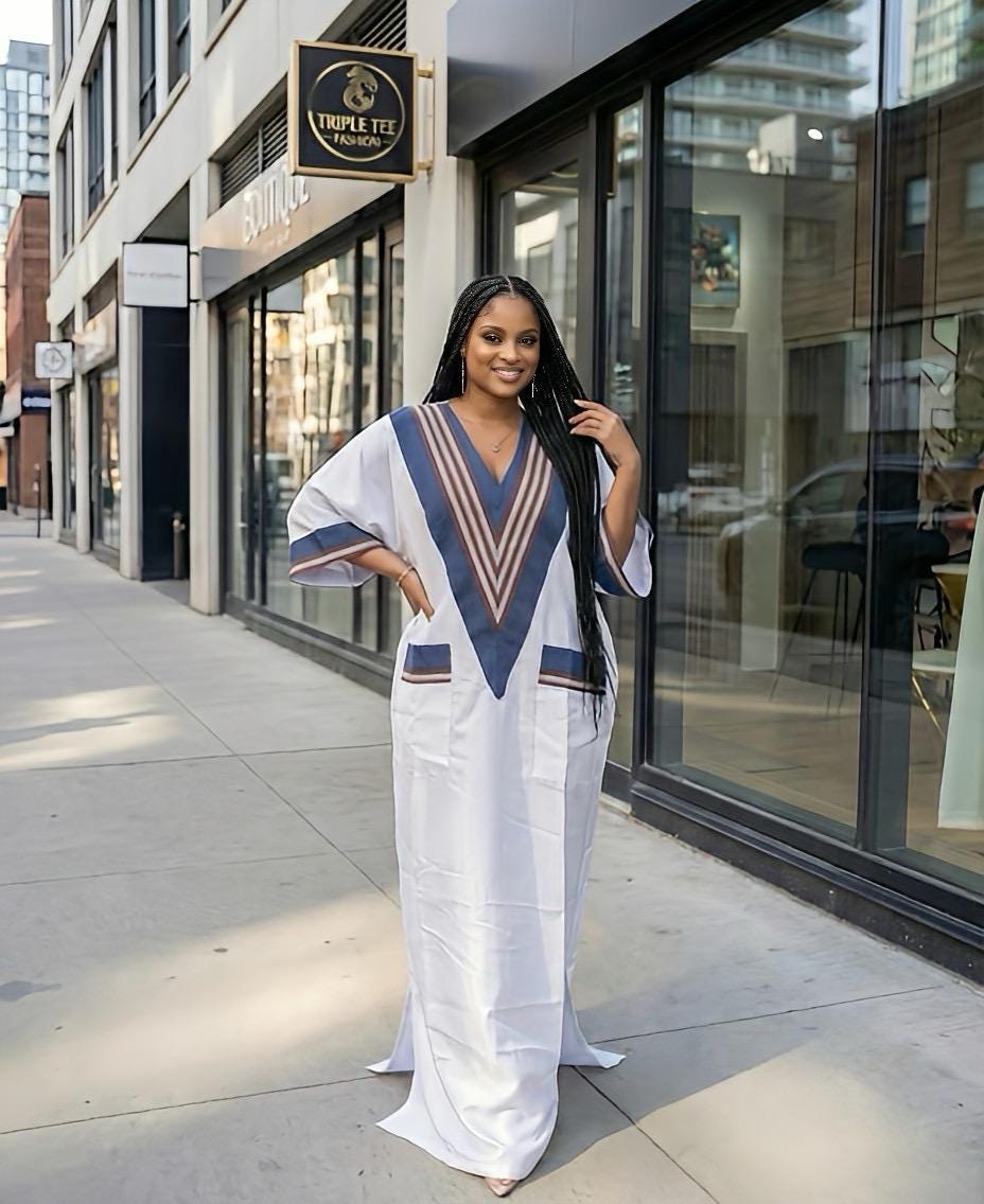 White Mikado Boubou Kaftan with Aso Oke Detail | Nigerian Party Dress