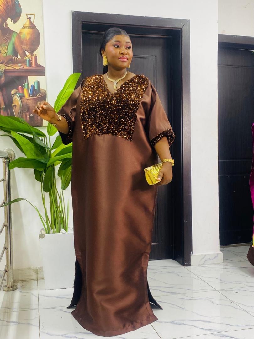 Chocolate Brown Sequin Mikado Silk Boubou: African Kaftan Dress with Scarf