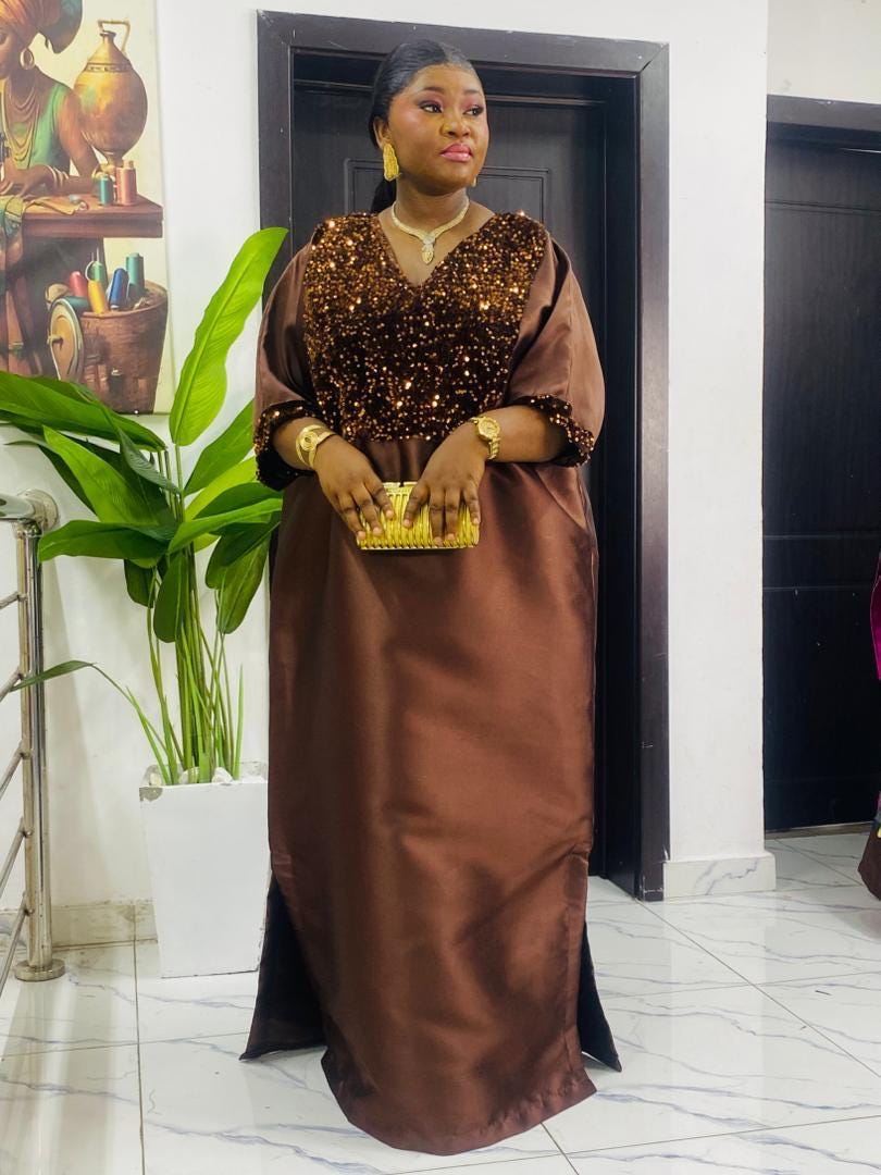 Chocolate Brown Sequin Mikado Silk Boubou: African Kaftan Dress with Scarf