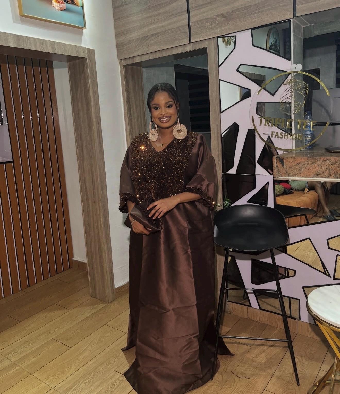 Chocolate Brown Sequin Mikado Silk Boubou: African Kaftan Dress with Scarf