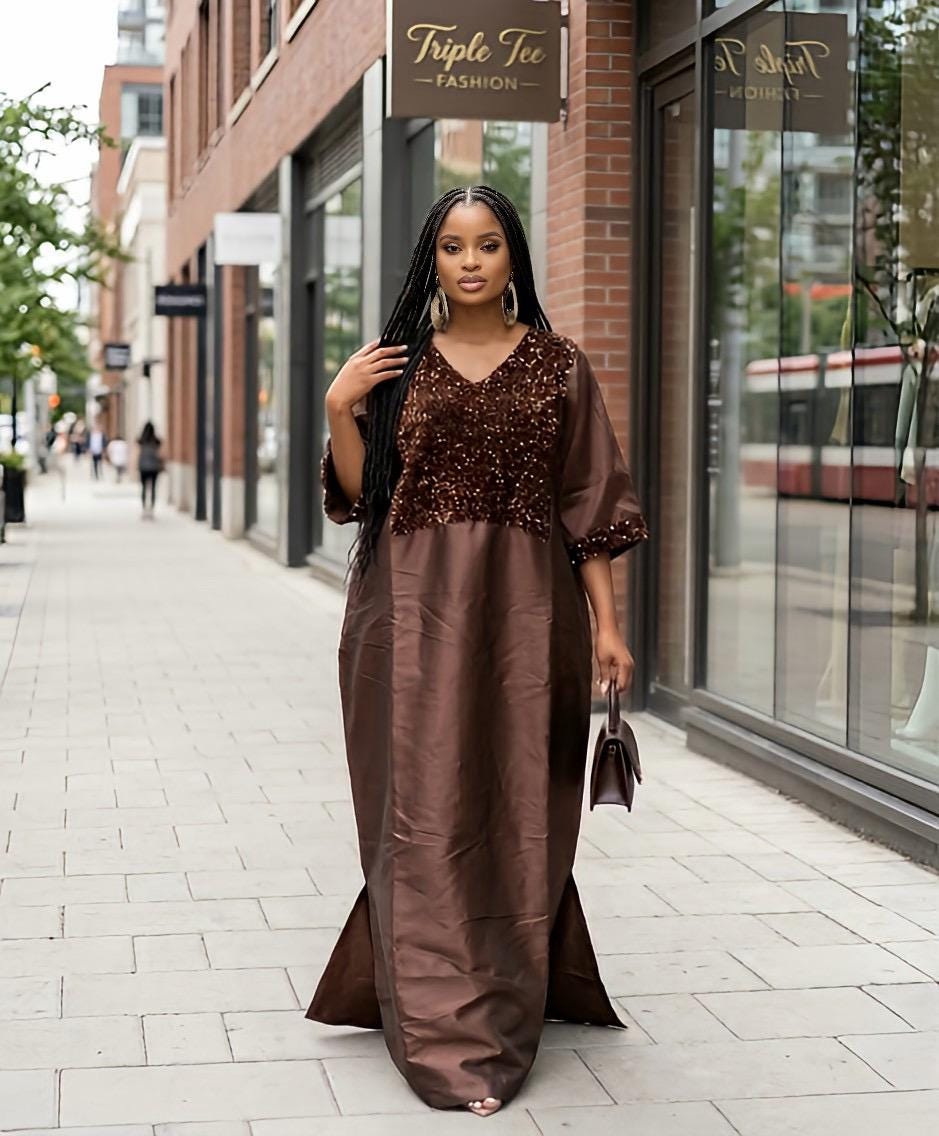 Chocolate Brown Sequin Mikado Silk Boubou: African Kaftan Dress with Scarf