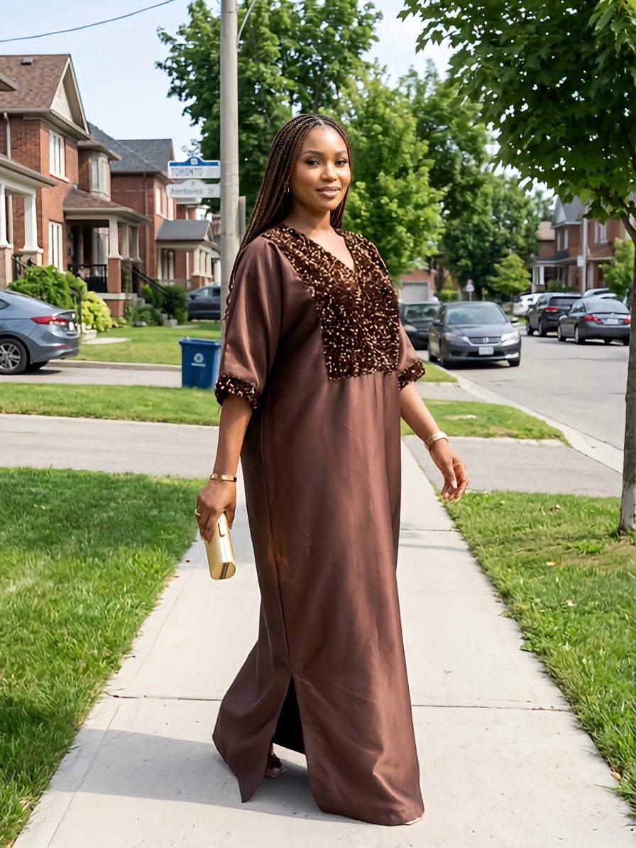 Chocolate Brown Sequin Mikado Silk Boubou: African Kaftan Dress with Scarf