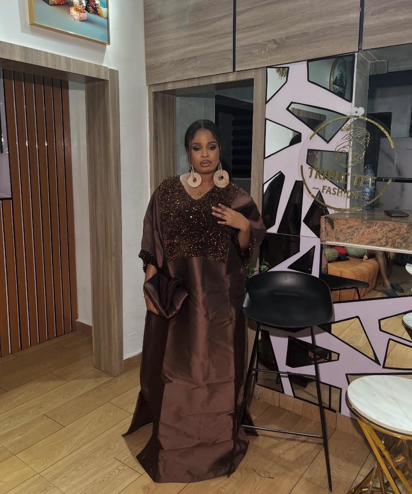 Chocolate Brown Sequin Mikado Silk Boubou: African Kaftan Dress with Scarf