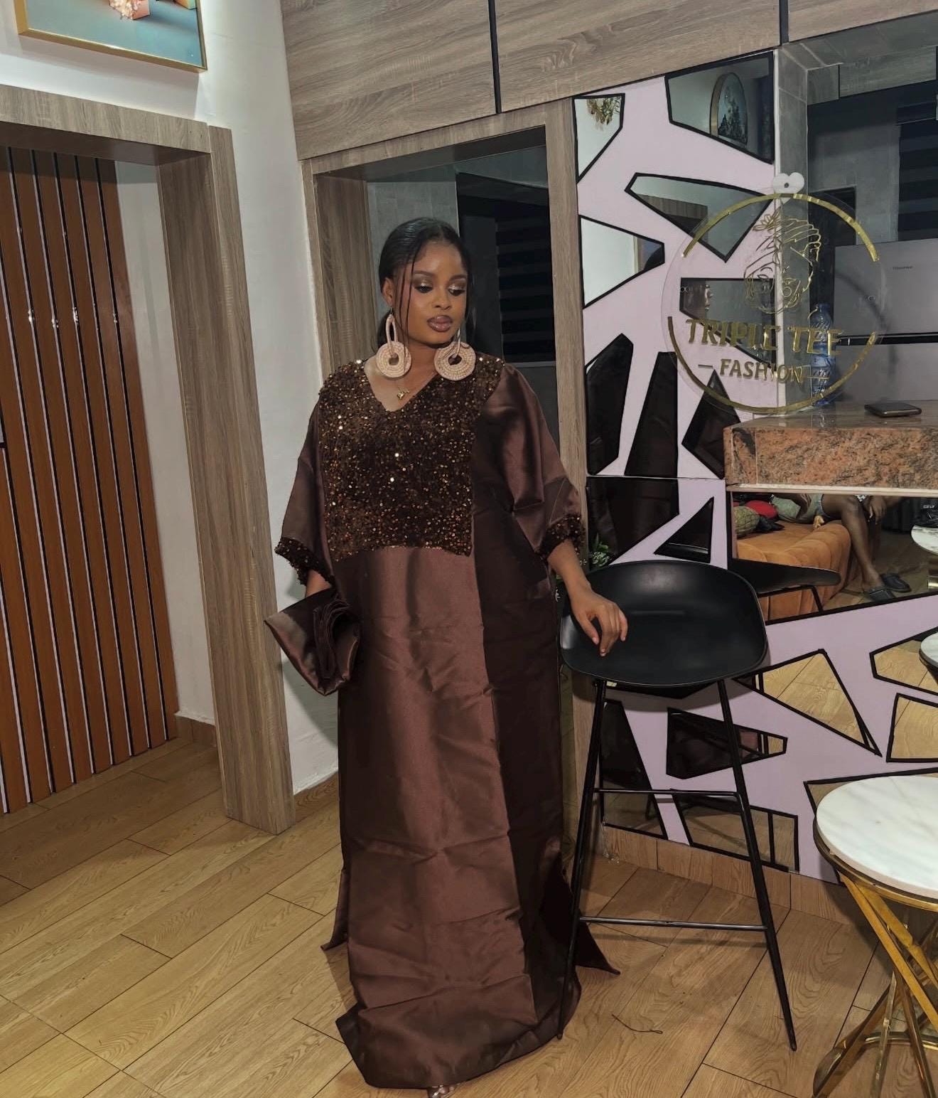Chocolate Brown Sequin Mikado Silk Boubou: African Kaftan Dress with Scarf