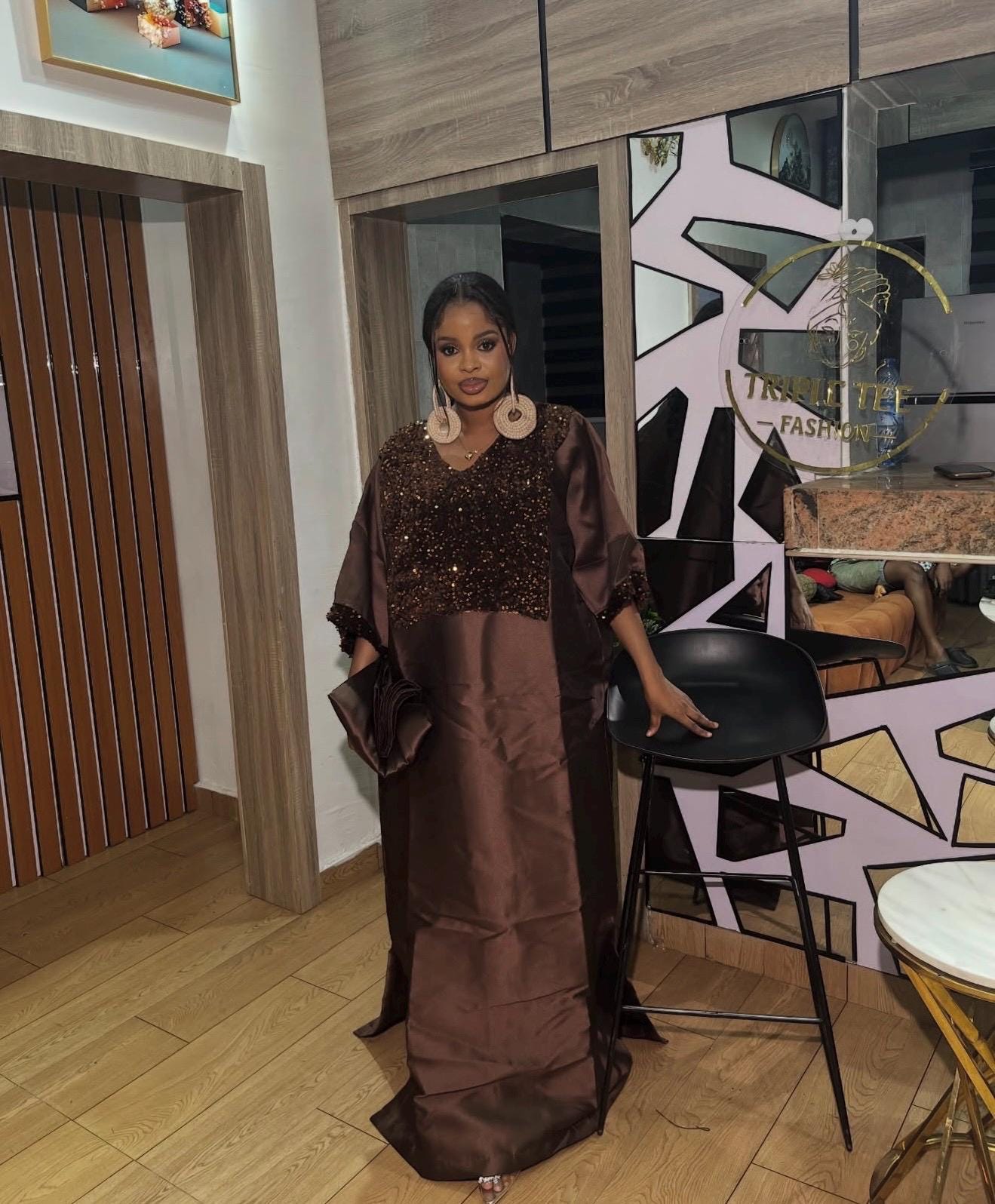 Chocolate Brown Sequin Mikado Silk Boubou: African Kaftan Dress with Scarf