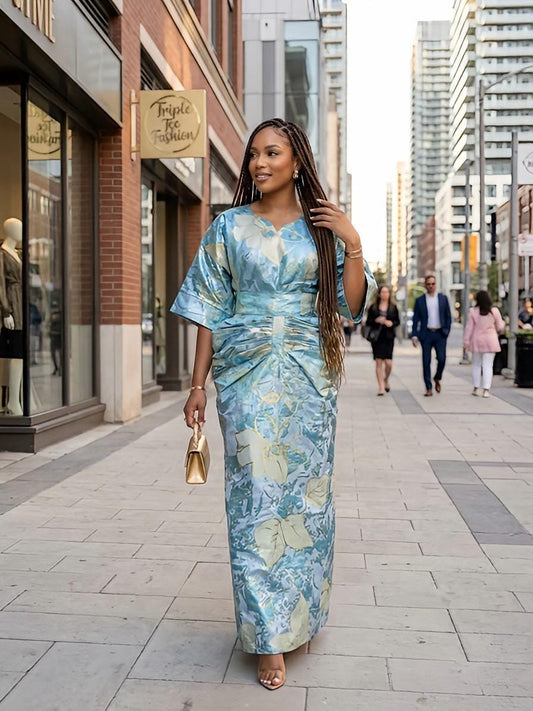 African Brocade Boubou Dress | Elegant Kaftan with Waist Belt, Nigerian Agbada Style