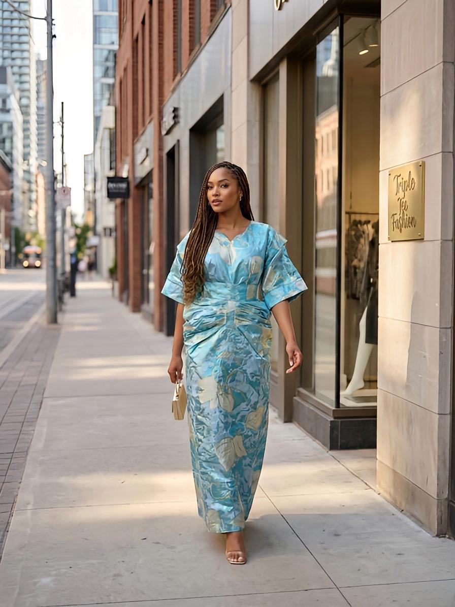 African Brocade Boubou Dress | Elegant Kaftan with Waist Belt, Nigerian Agbada Style