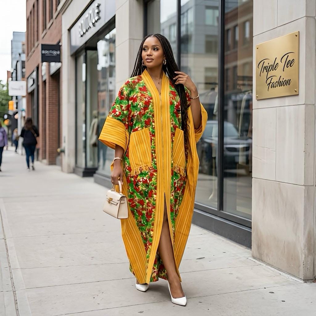 Handmade Ankara Brocade Kaftan Dress | African Print Boubou with Headtie
