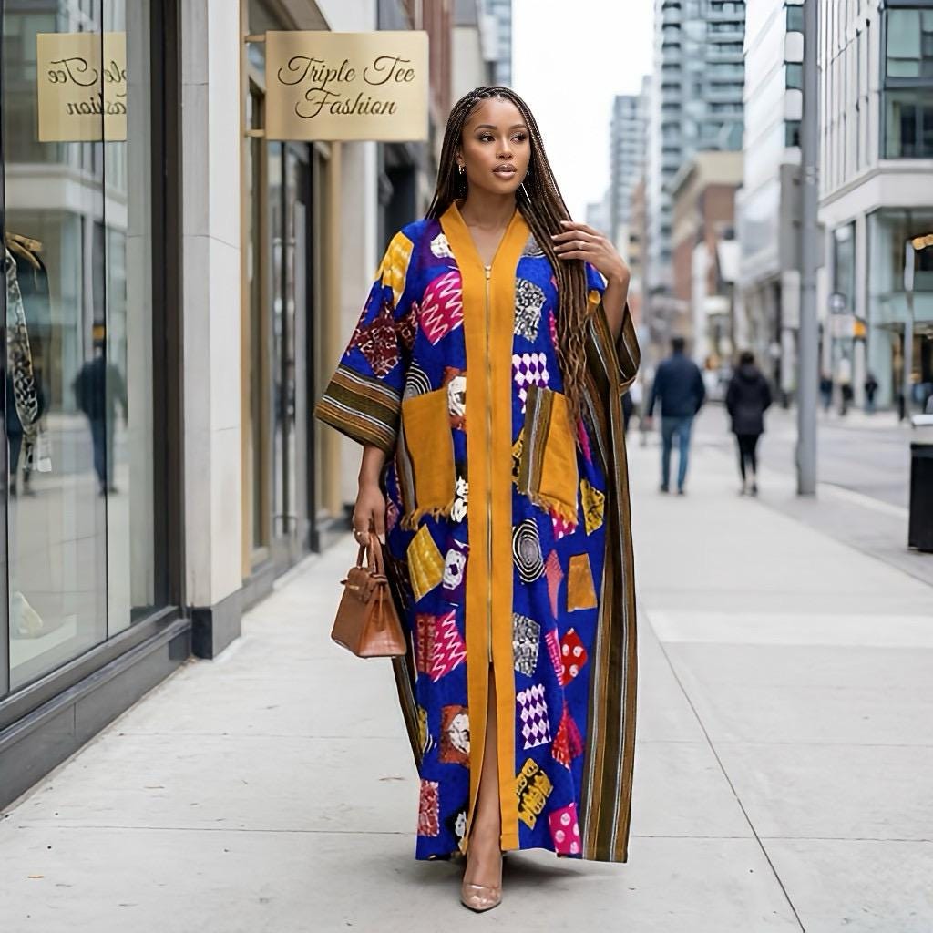 Handmade Ankara Brocade Kaftan Dress | African Print Boubou with Headtie