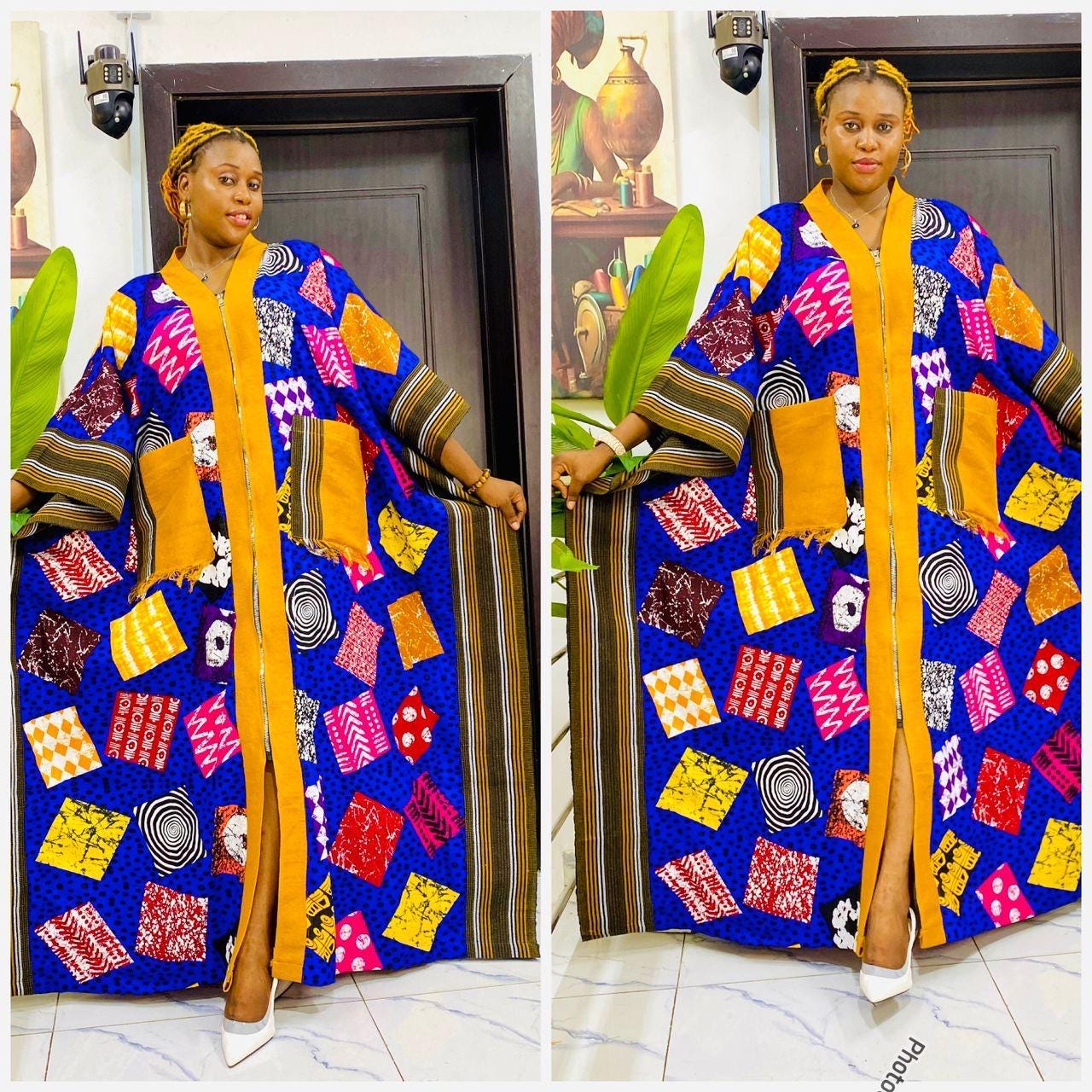 Handmade Ankara Brocade Kaftan Dress | African Print Boubou with Headtie