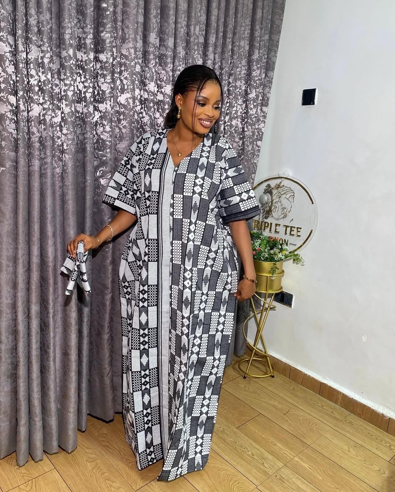 Authentic Akwete Boubou Dress with Scarf | African Kaftan, Traditional Nigerian Wear
