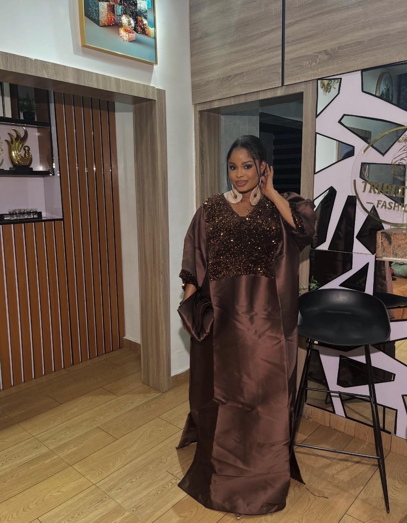 Chocolate Brown Sequin Mikado Silk Boubou: African Kaftan Dress with Scarf