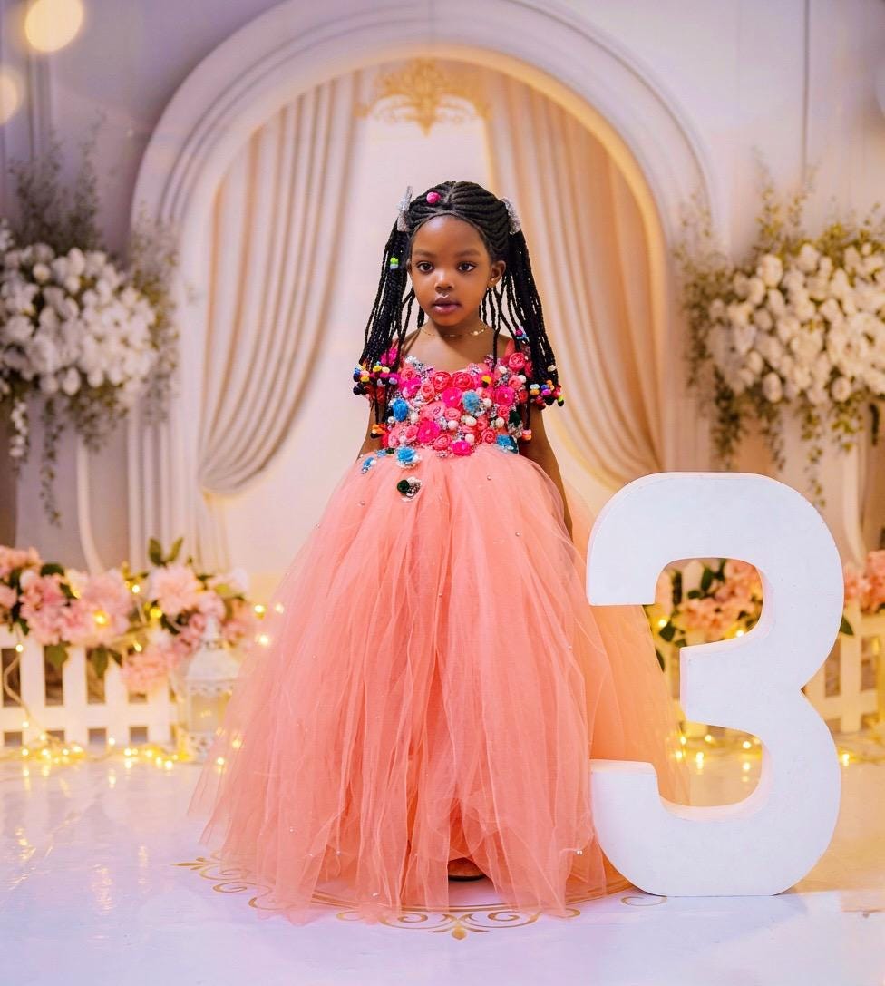 Pink Floral Princess Dress for 3-Year-Old Birthday | Embellished Tulle Gown