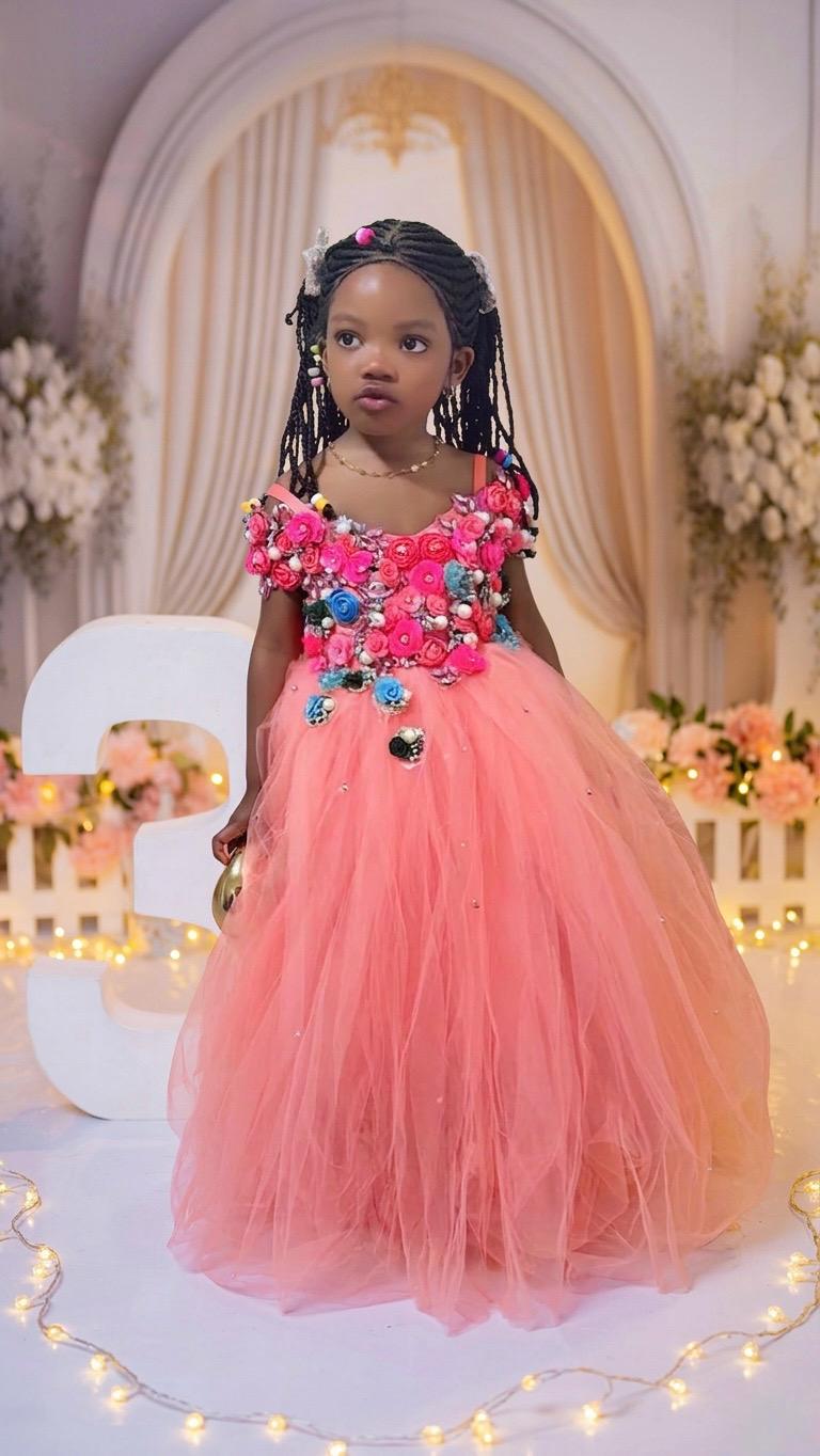 Pink Floral Princess Dress for 3-Year-Old Birthday | Embellished Tulle Gown