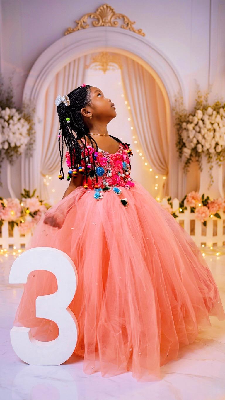 Pink Floral Princess Dress for 3-Year-Old Birthday | Embellished Tulle Gown