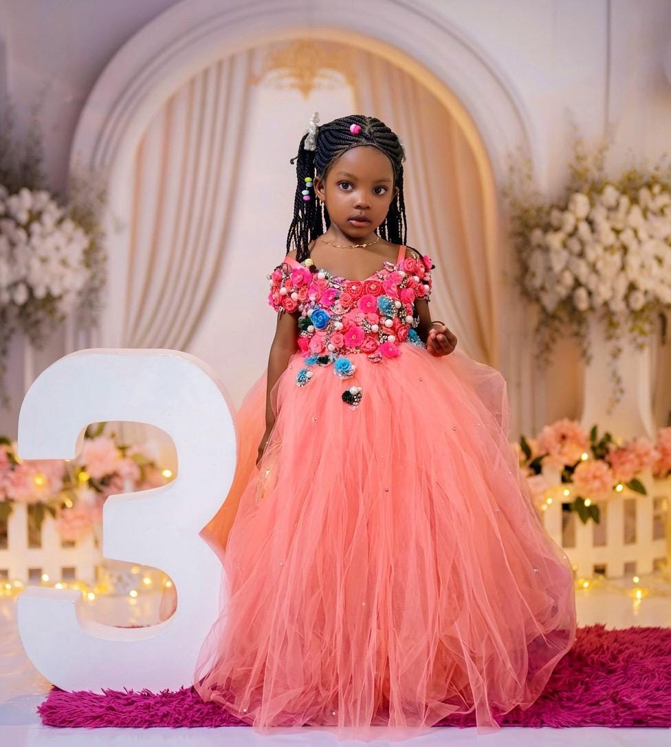 Pink Floral Princess Dress for 3-Year-Old Birthday | Embellished Tulle Gown