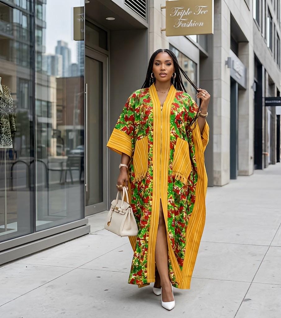 Handmade Ankara Brocade Kaftan Dress | African Print Boubou with Headtie
