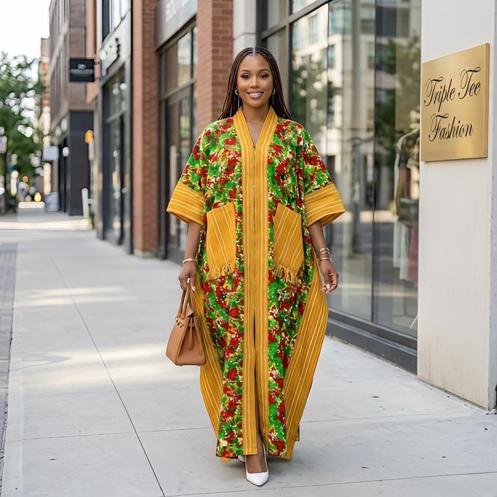 Handmade Ankara Brocade Kaftan Dress | African Print Boubou with Headtie