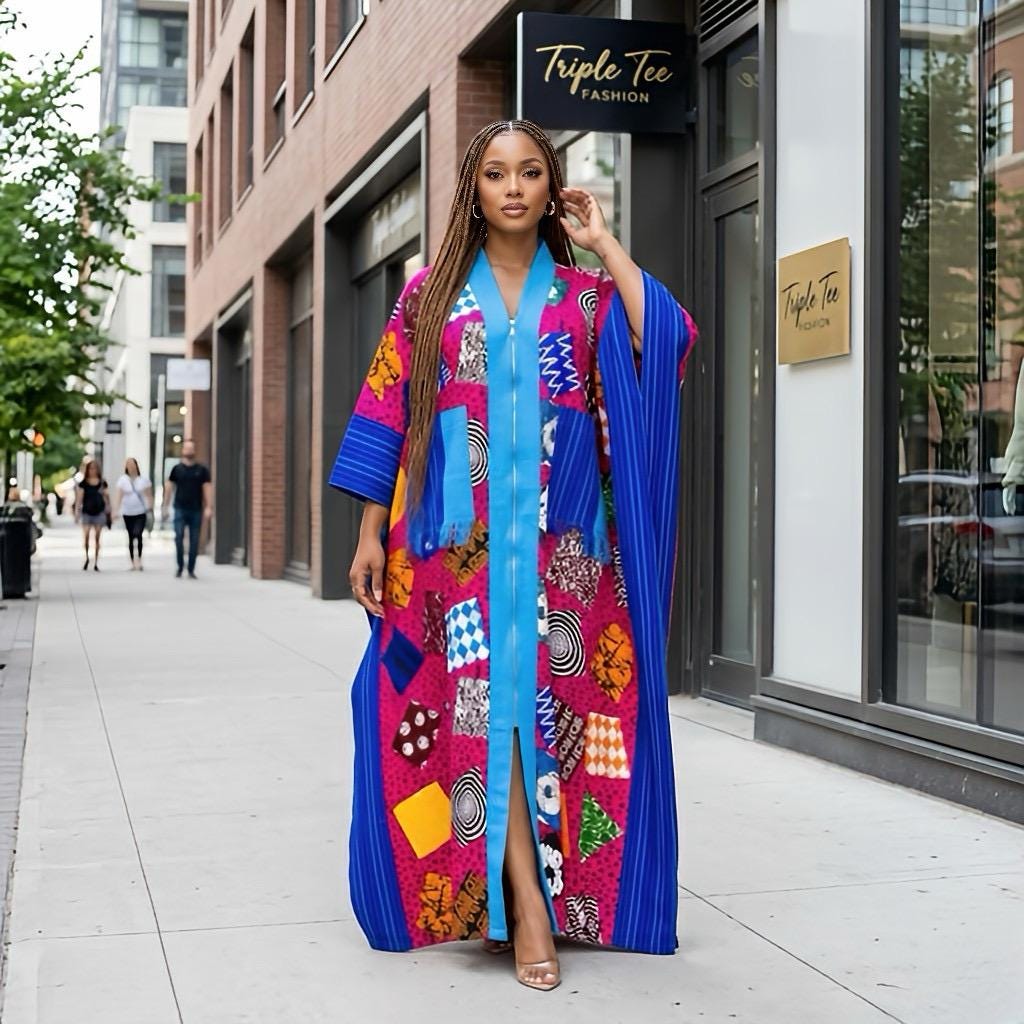 Handmade Ankara Brocade Kaftan Dress | African Print Boubou with Headtie