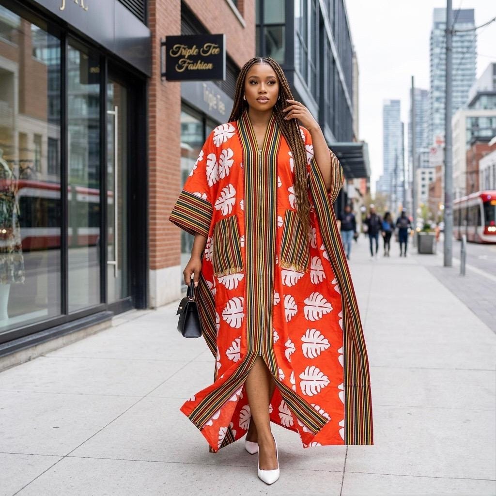 Handmade Ankara Brocade Kaftan Dress | African Print Boubou with Headtie
