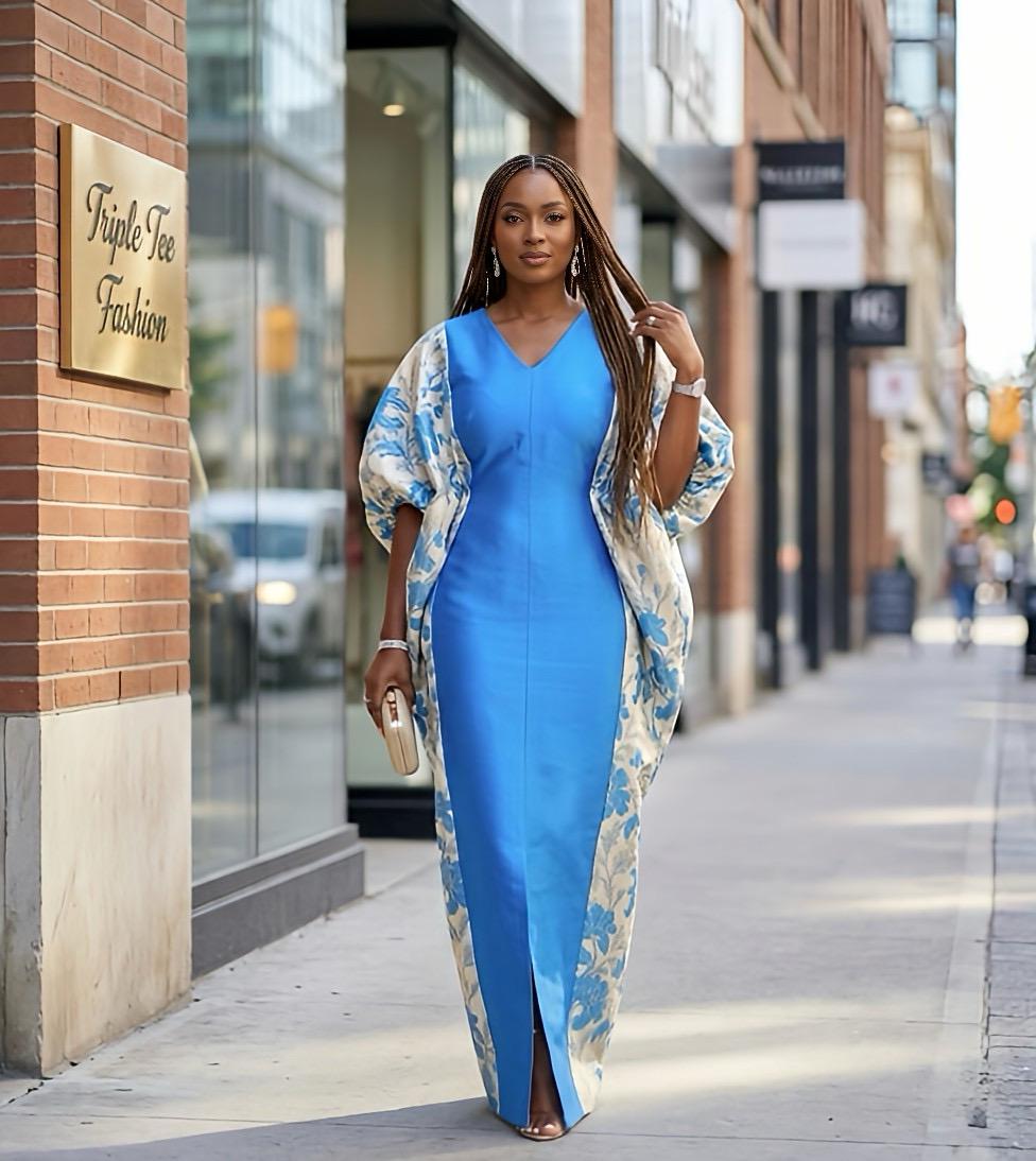 Blue Mikado Brocade Boubou | African Kaftan Dress, One Size