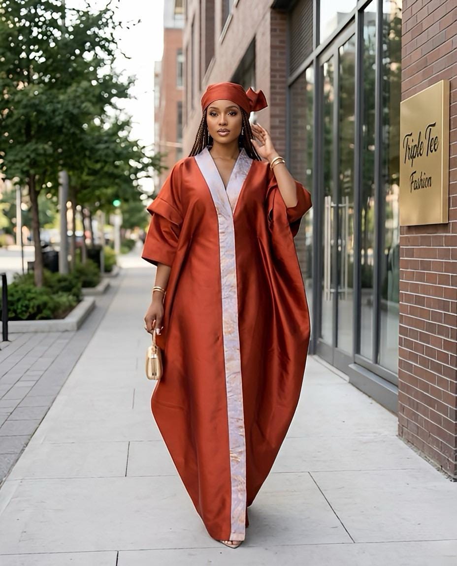 Mikado Brocade Boubou | African Kaftan Dress with Scarf