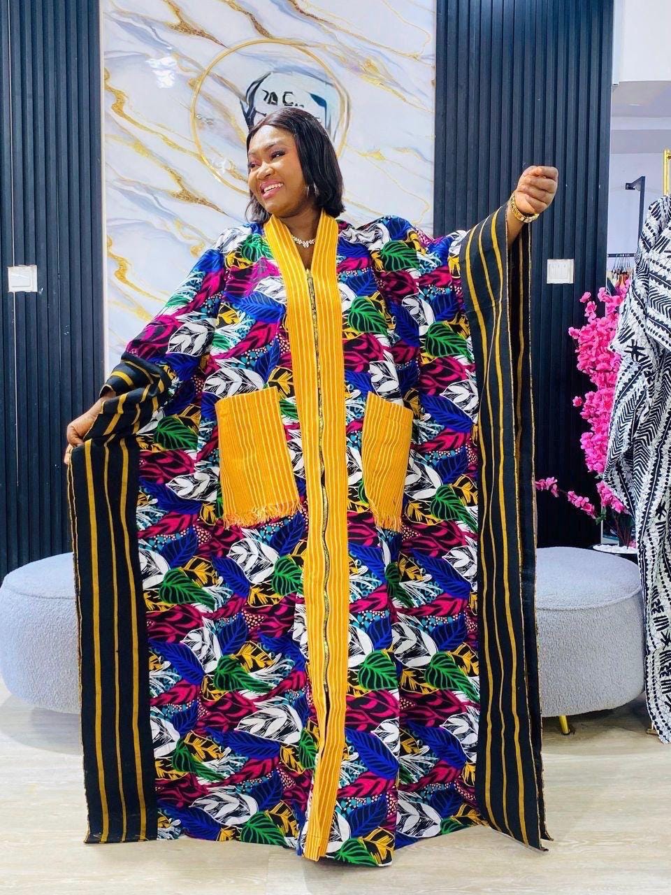 Handmade Ankara Brocade Kaftan Dress with Scarf