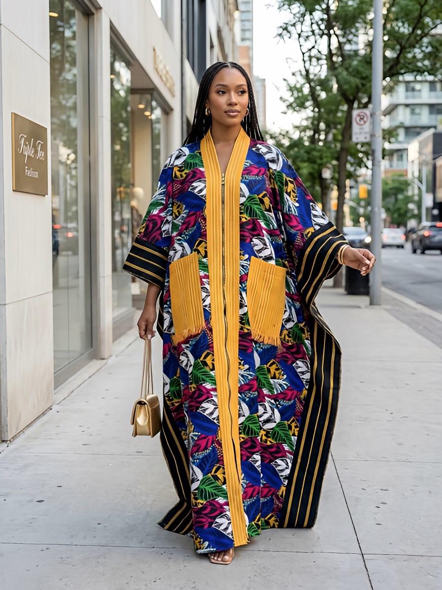 Handmade Ankara Brocade Kaftan Dress with Scarf