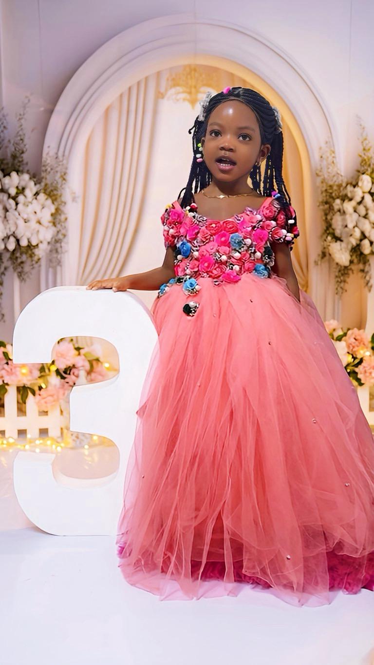 Pink Floral Princess Dress for 3-Year-Old Birthday | Embellished Tulle Gown