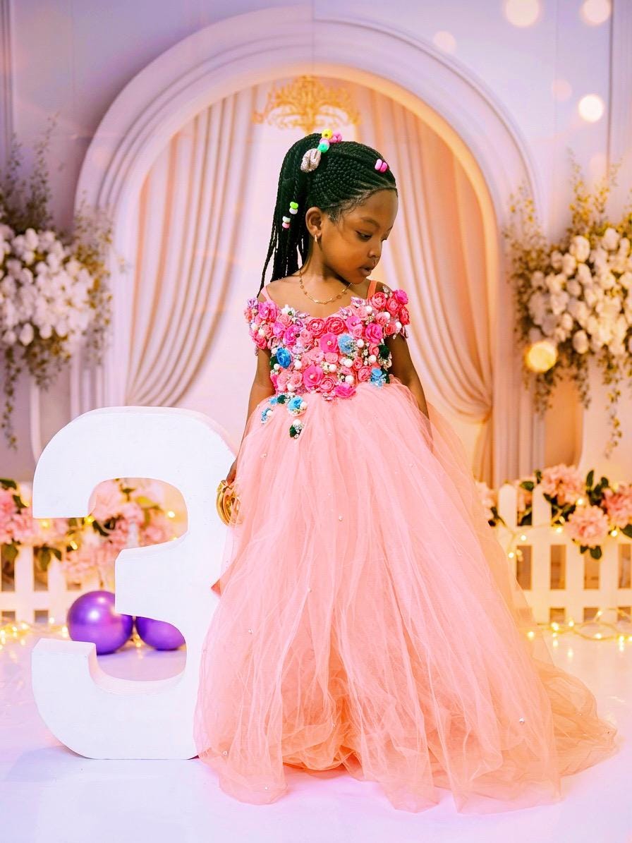 Pink Floral Princess Dress for 3-Year-Old Birthday | Embellished Tulle Gown