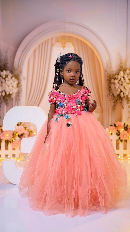 Pink Floral Princess Dress for 3-Year-Old Birthday | Embellished Tulle Gown
