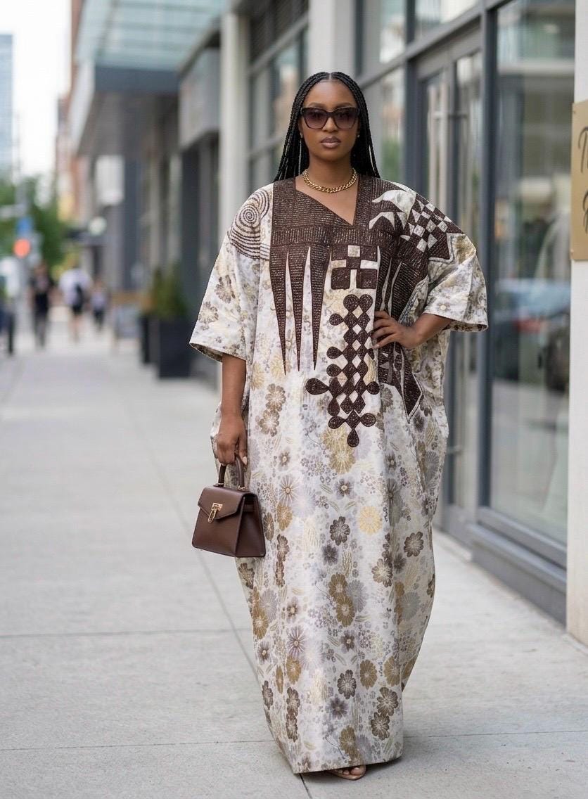 Damask Brocade Agbada Dress with Tinko Embroidery | Matching Headband