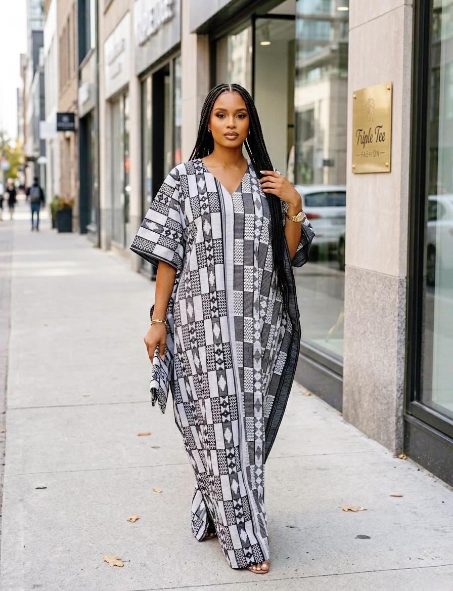 Authentic Akwete Boubou Dress with Scarf | African Kaftan, Traditional Nigerian Wear