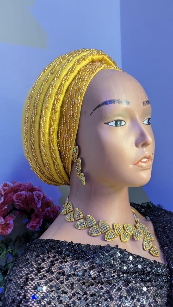 Duchess Silk Turban Hat| Hand beaded | Pre-tied African Headwrap