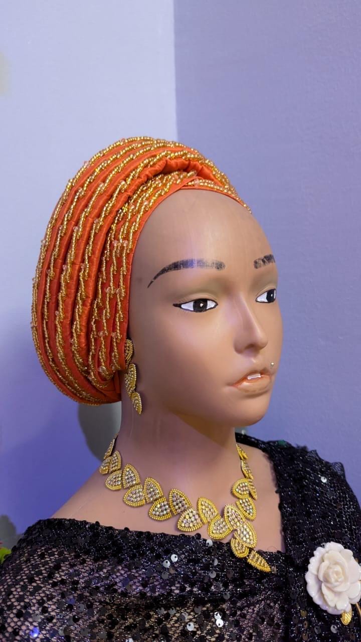 Duchess Silk Turban Hat| Hand beaded | Pre-tied African Headwrap