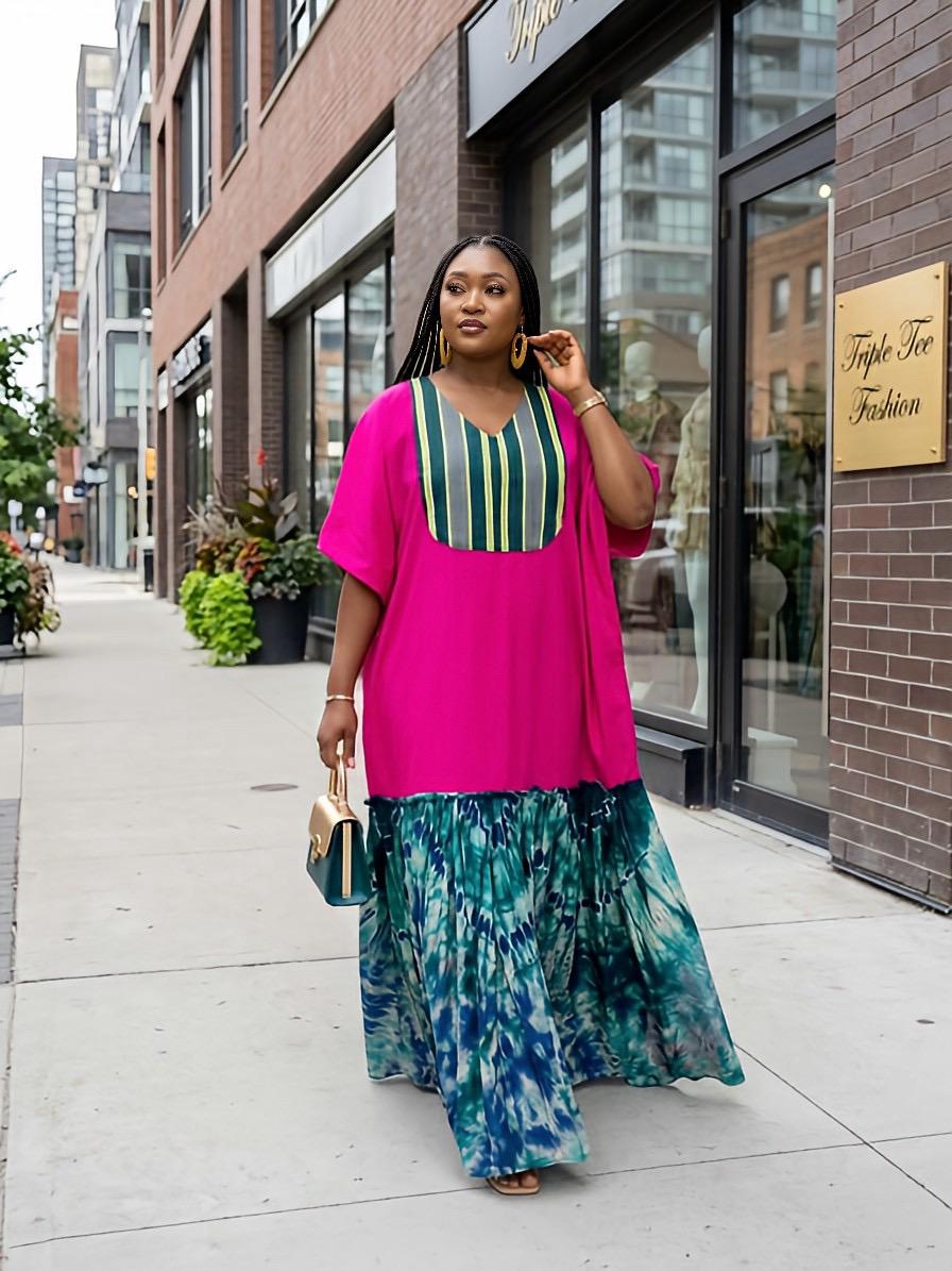 Crepe and Adire Boubou Kaftan Dress | Aso Oke Neckline, Adire Hem