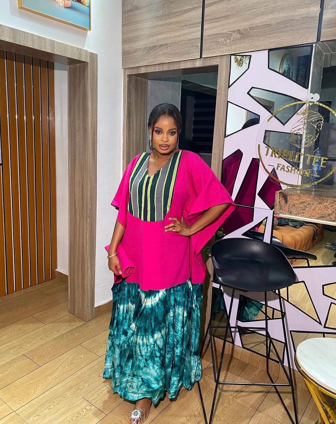 Crepe and Adire Boubou Kaftan Dress | Aso Oke Neckline, Adire Hem