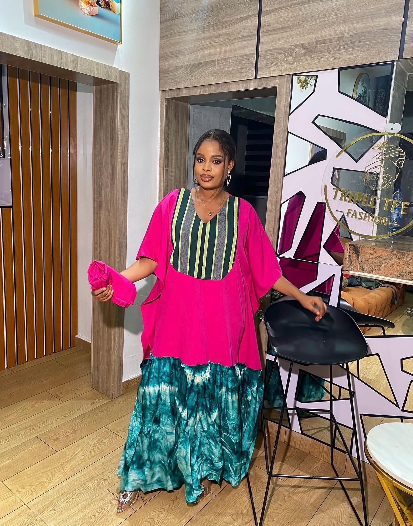 Crepe and Adire Boubou Kaftan Dress | Aso Oke Neckline, Adire Hem
