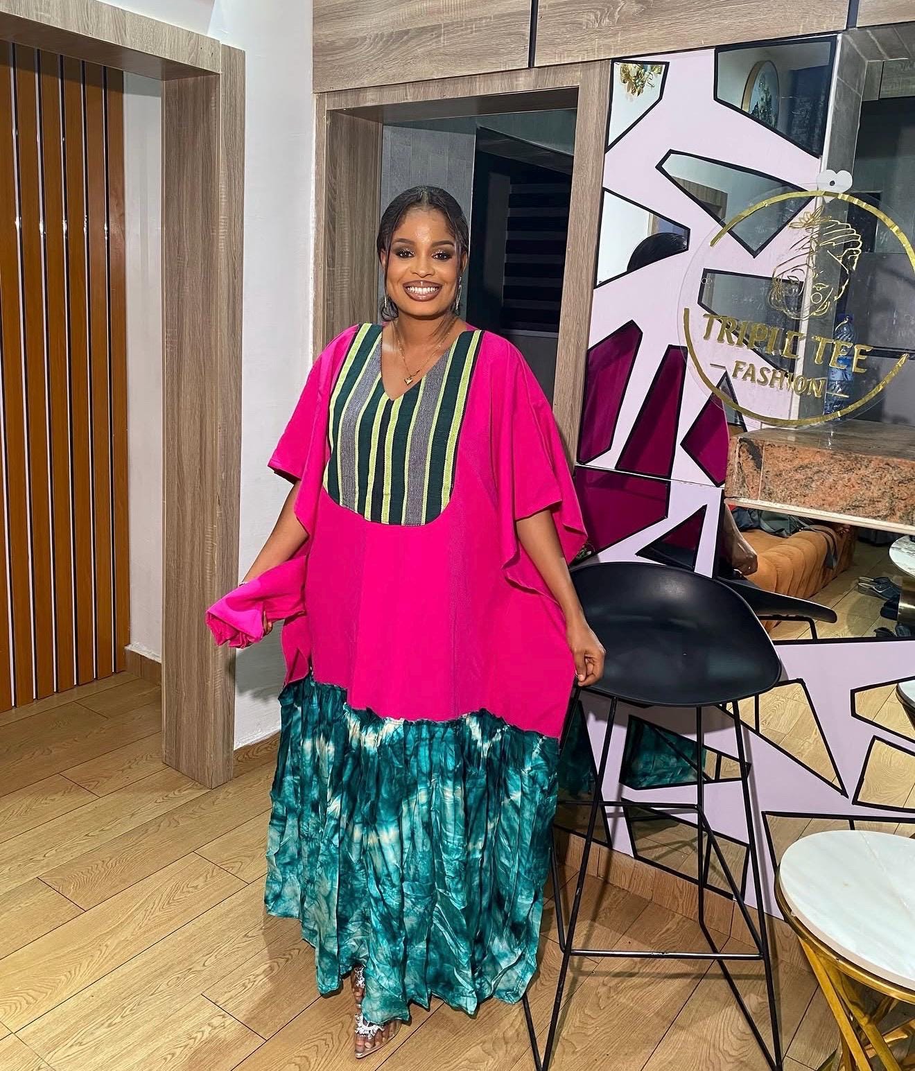Crepe and Adire Boubou Kaftan Dress | Aso Oke Neckline, Adire Hem