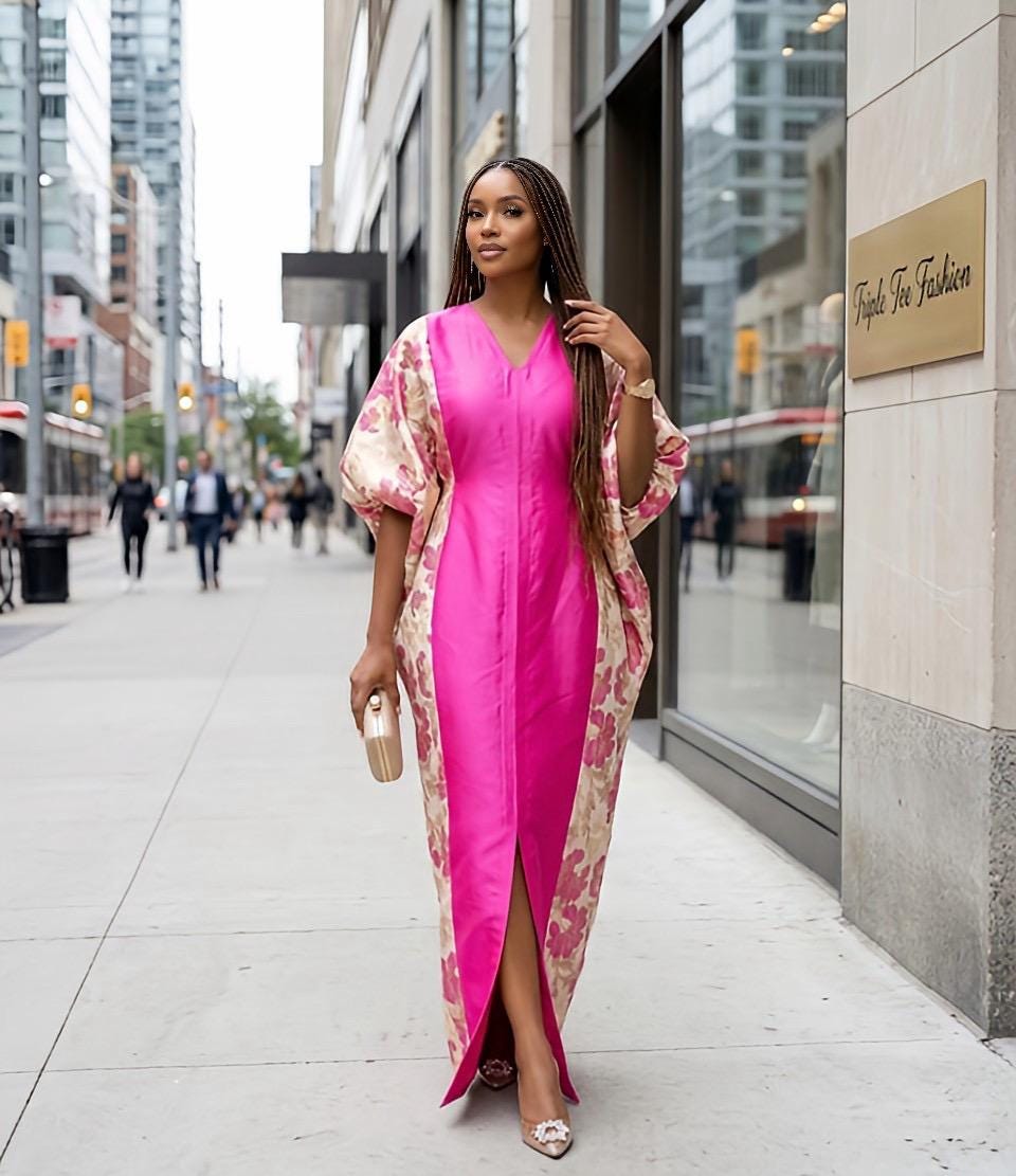 Pink Mikado Brocade Boubou | Nigerian Kaftan Dress, One Size