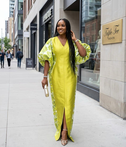 Olive Green Mikado Brocade Boubou | Nigerian Kaftan Dress with Scarf