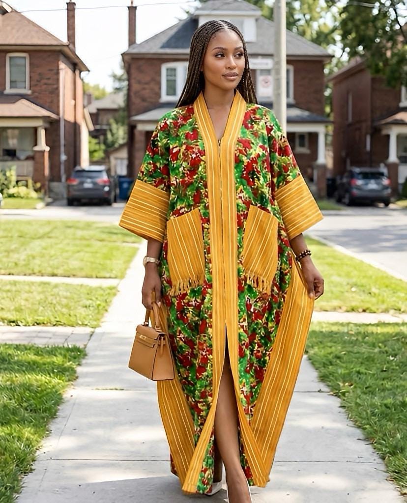 Handmade Ankara Brocade Kaftan Dress | African Print Boubou with Headtie