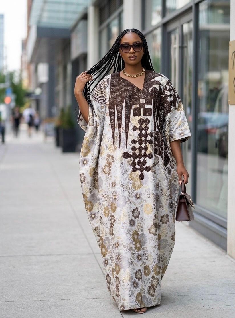 Damask Brocade Agbada Dress with Tinko Embroidery | Matching Headband