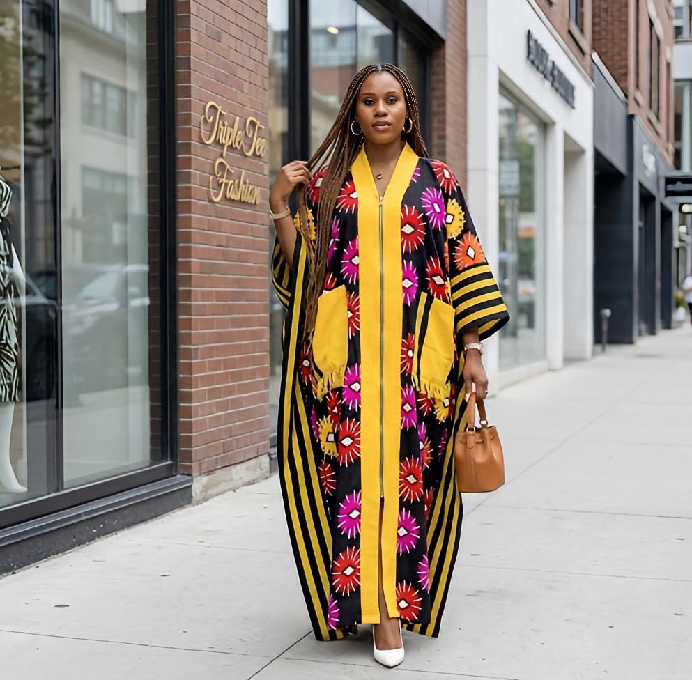 Handmade Ankara Brocade Kaftan Dress | African Print Boubou with Headtie