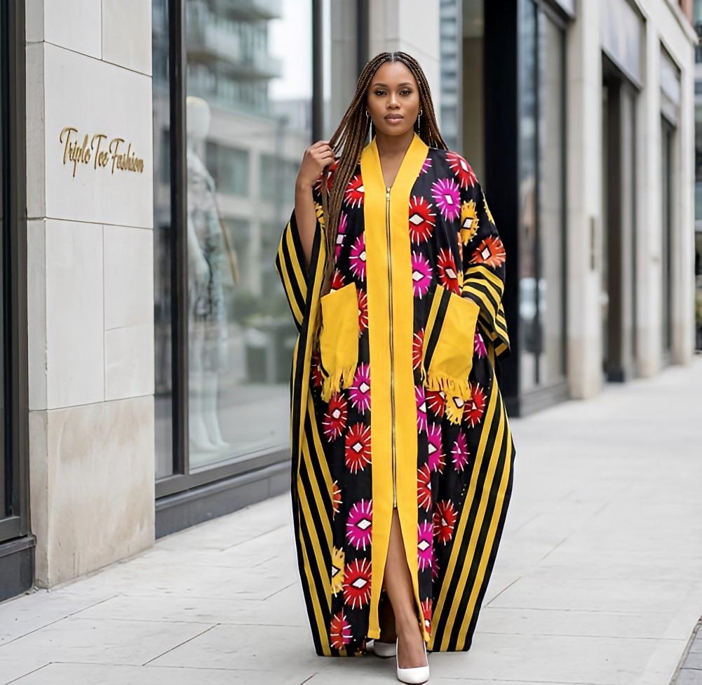 Handmade Ankara Brocade Kaftan Dress | African Print Boubou with Headtie