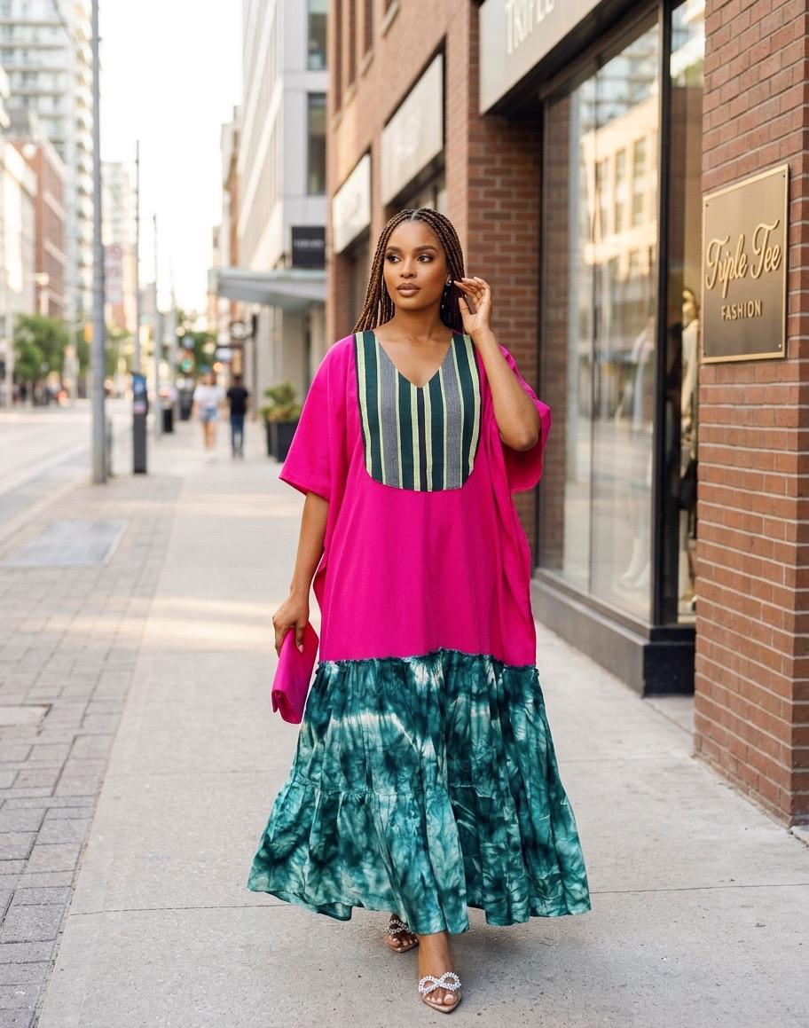 Crepe and Adire Boubou Kaftan Dress | Aso Oke Neckline, Adire Hem