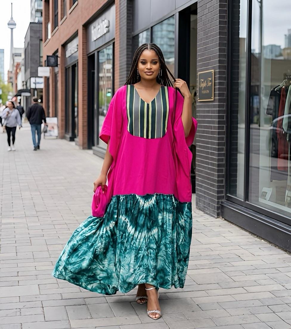 Crepe and Adire Boubou Kaftan Dress | Aso Oke Neckline, Adire Hem