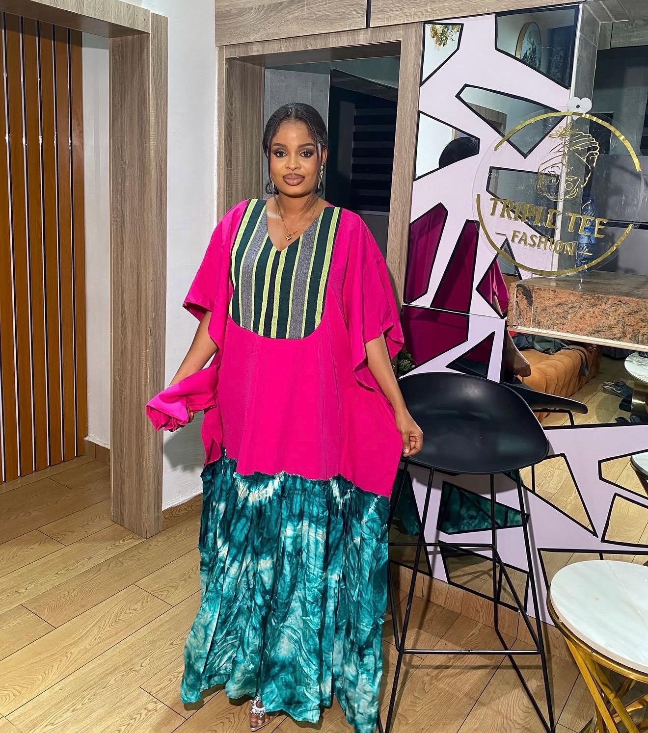 Crepe and Adire Boubou Kaftan Dress | Aso Oke Neckline, Adire Hem